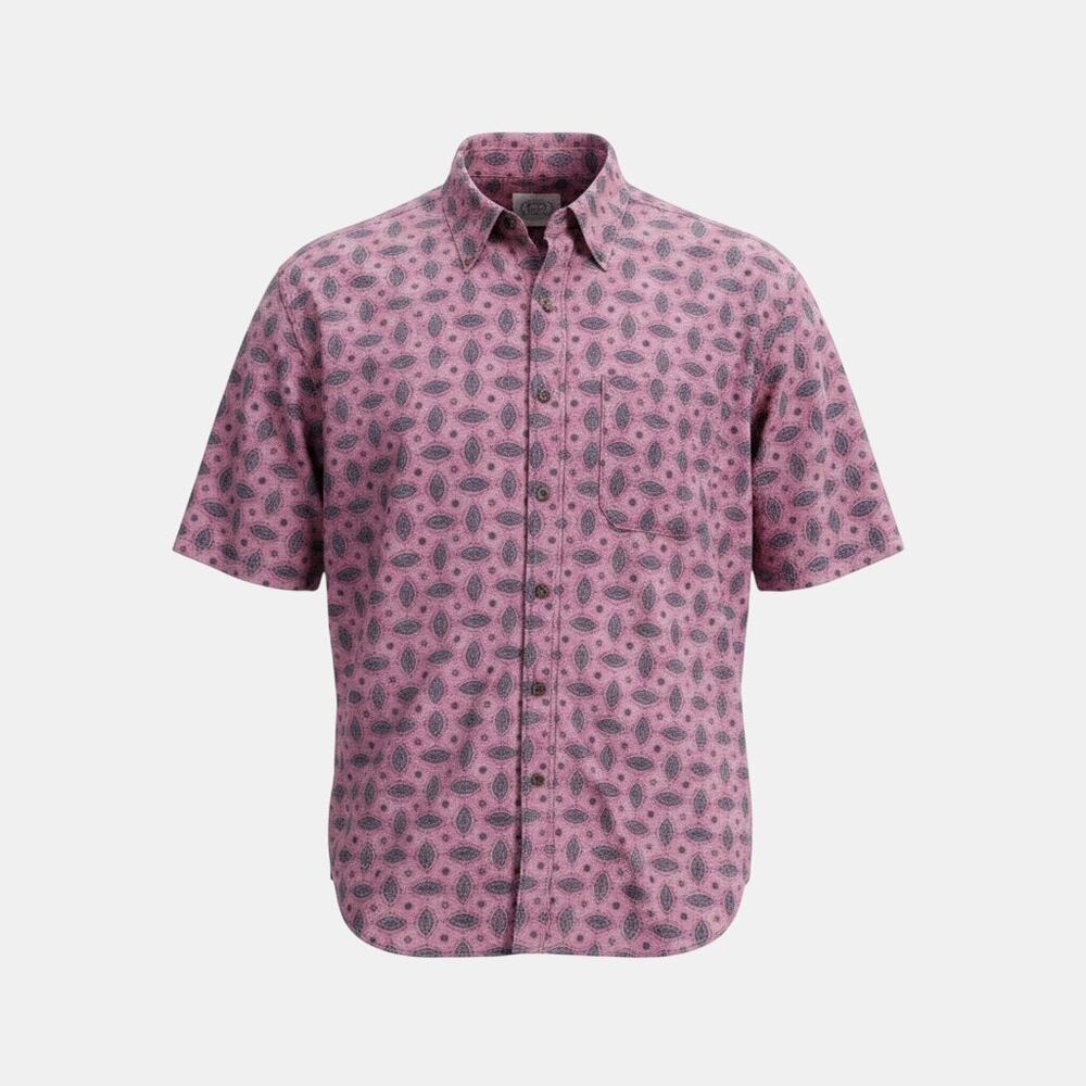 World Island Button Up Shirt Mens L Purple Paisley Short Sleeve